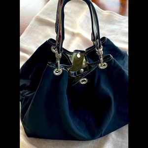 Miu Miu black canvas and patent leather shoulder straps bag